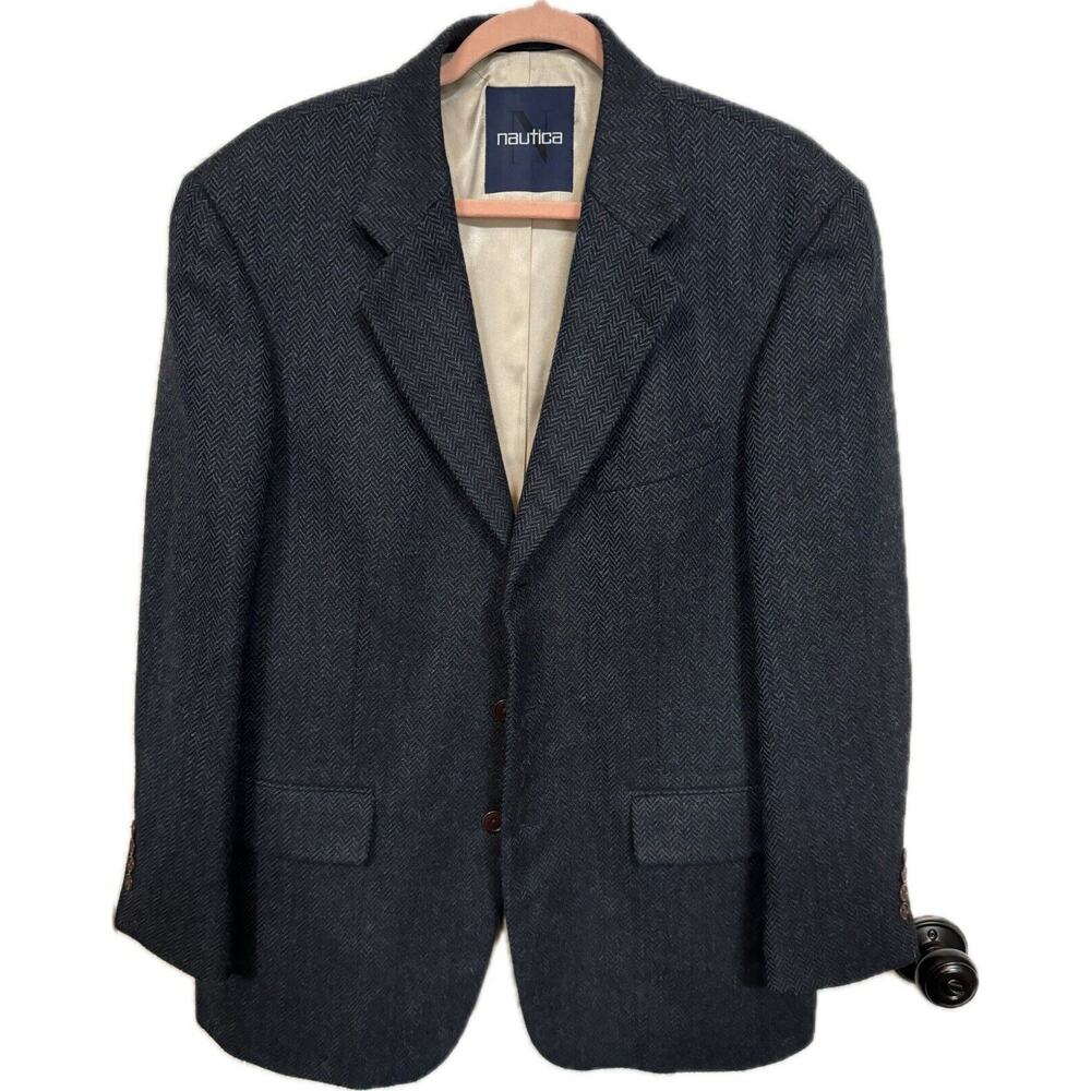 Nautica Lord and Taylor (?) Men’s Blue Sport Coat Herringbone 42R Wool Alpaca